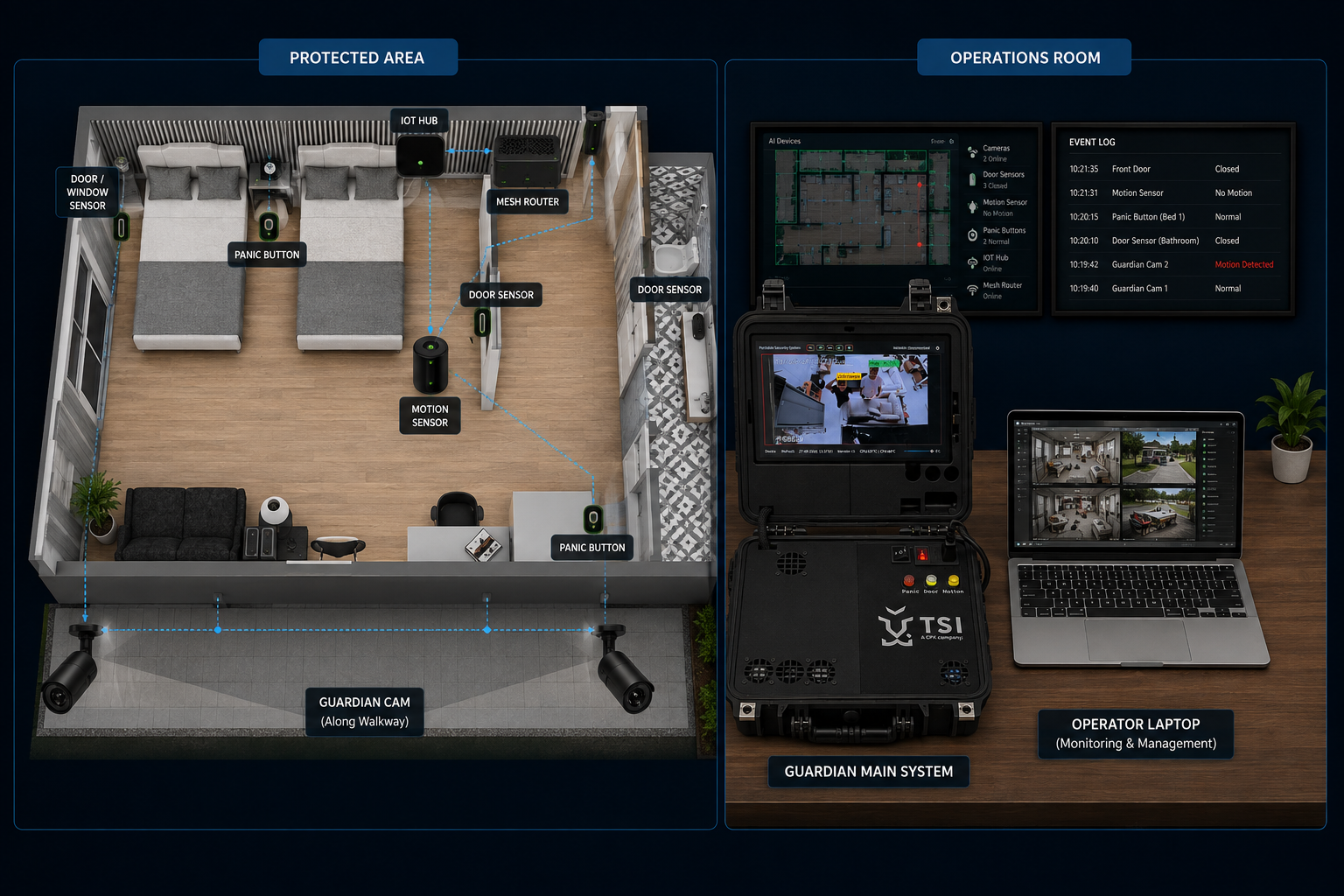 GUARDIAN VIP protection operational scenario with protected area and operations room